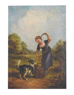 Lot 556 - English school - Oil on canvas - Lady in a field with a dog