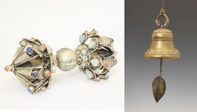 Lot 474 - White metal Tibetan vajra, together with a Nepalise bell