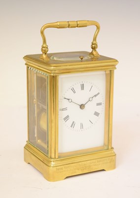 Lot 589 - Late 19th century French brass cased repeater carriage clock