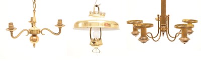 Lot 703 - Brass 'stable'-type lamp, and two gilt metal chandeliers