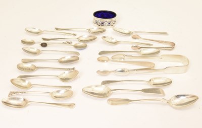 Lot 184 - Edward VII silver oval salt with blue glass liner, together with a quantity of silver teaspoons, etc