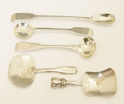 Lot 177 - Two 19th century caddy spoons, and three silver condiment spoons (5)