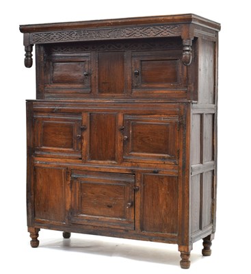 Lot 546 - Dated Charles II Welsh oak cwpwrdd dueddarn or two-stage press cupboard, North Wales, 1678