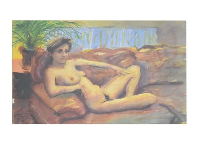 Lot 570 - Peter Eveleigh (b.1943) - Watercolour - 'Reclining nude in front of a palm II'
