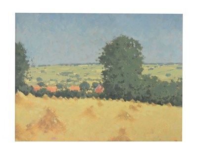 Lot 511 - 20th century English School - Oil on board - 'Cornstacks'