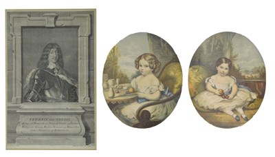 Lot 506 - Frederick Den Tredie engraving, and two framed prints