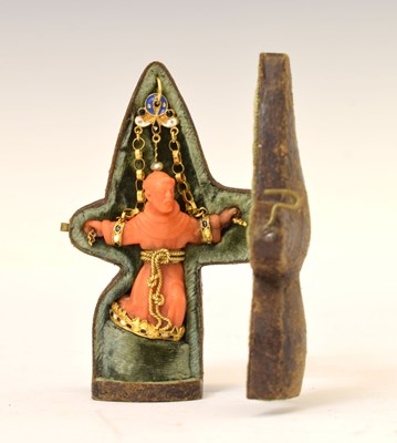 Lot 292 - Southern Italian carved coral and enamel figural pendant