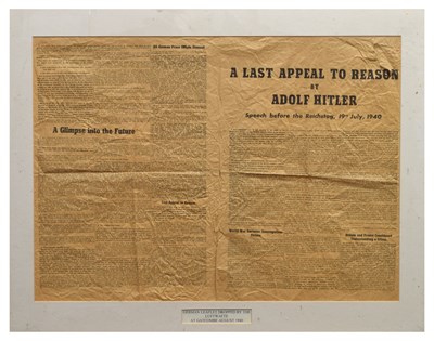 Lot 13 - World War II era German Third Reich propaganda leaflet ‘A Last Appeal to Reason by Adolf Hitler’