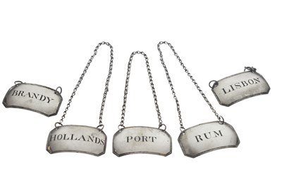 Lot 36 - Set of five George III silver decanter/wine labels, Brandy, Hollands, Lisbon, Port & Rum