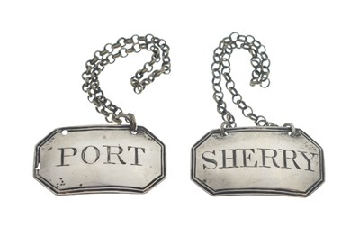 Lot 37 - Pair of George III silver decanter/wine labels, Port and Sherry
