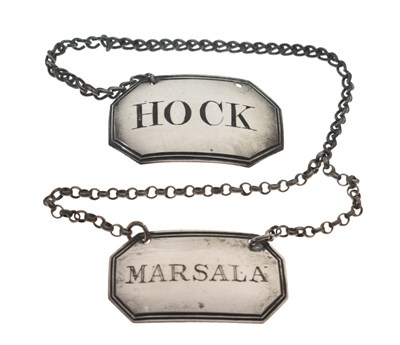Lot 38 - Two George III silver decanter/wine labels, Hock and Marsala