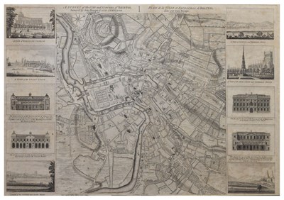 Lot 2 - John Rocque – Map of Bristol 1750 with ten vignettes