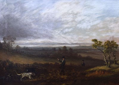 Lot 17 - 19th century British School – Oil on canvas - Sportsman with three retrievers