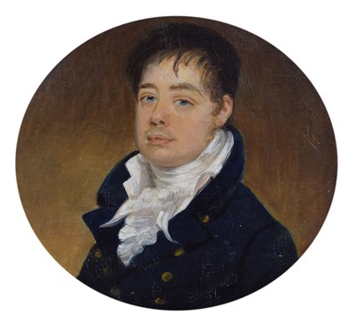 Lot 20 - English School, circa 1800 - Circular portrait of a young gentleman in a blue coat