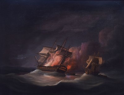 Lot 30 - Thomas Buttersworth (1768-1828) – Oil on canvas - Seascape with man-o’-war on fire
