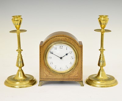 Lot 240 - Pair of brass and champleve enamel candlesticks and French mantel clock