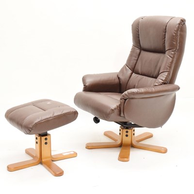 Lot 646 - Stressless-style brown leatherette reclining swivel chair and footstool