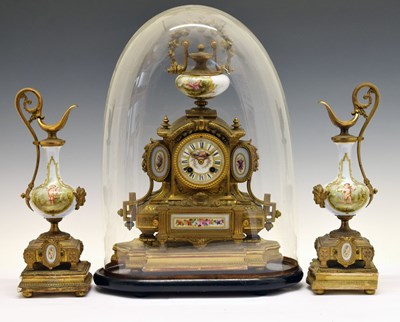 Lot 738 - Late 19th century French gilt spelter and porcelain three-piece clock garniture