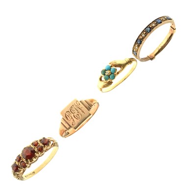Lot 76 - Four antique and later rings, comprising a 'Forget me Not' turquoise and diamond gold ring