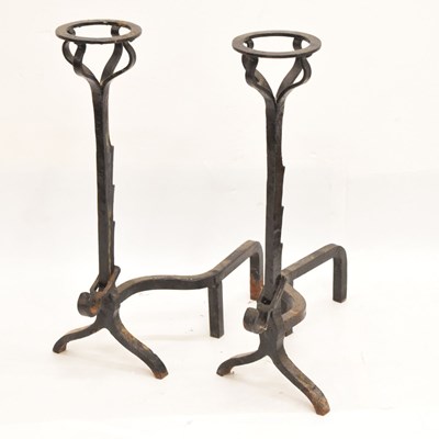 Lot 323 - Pair of iron cresset-top fire dogs