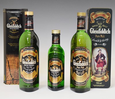 Lot 380 - Glenfiddich Pure Single Malt Scotch Whisky, two bottles, and one half bottle, in cardboard cases