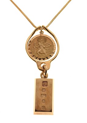 Lot 53 - Elizabeth II 9ct gold ingot pendant, 9ct St Christopher and 18ct chain