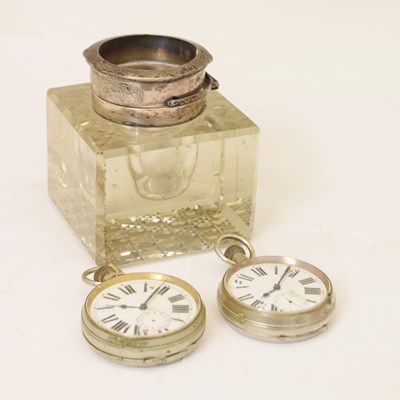 Lot 191 - Edwardian silver mounted glass inkwell, and two 'Goliath' style pocket watches