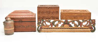 Lot 370 - Two carved boxes, painted box and Ikat and Yogyakarta pot