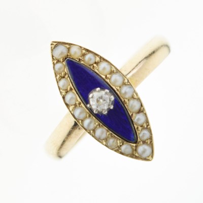 Lot 4 - Victorian navette-shaped ring having blue enamel decoration