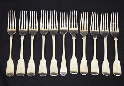 Lot 223 - Eleven mainly 19th century silver Fiddle pattern table forks