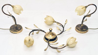 Lot 384 - Pair of gilt metal and glass table lamps and ceiling light (3)