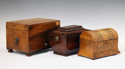 Lot 364 - 19th century mahogany inlaid sarcophagus three-division tea caddy