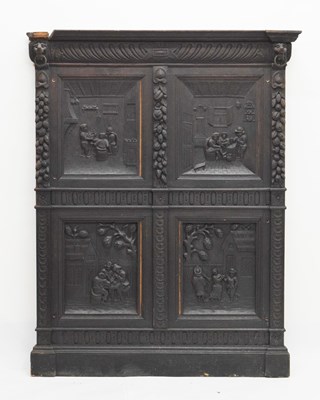 Lot 387 - Large late 19th century carved ebonised wooden four-panel relief with figures