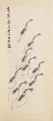 Lot 537 - Manner of Qi Baishi (1864 - 1957) - Chinese watercolour scroll, nine shrimps or crayfish