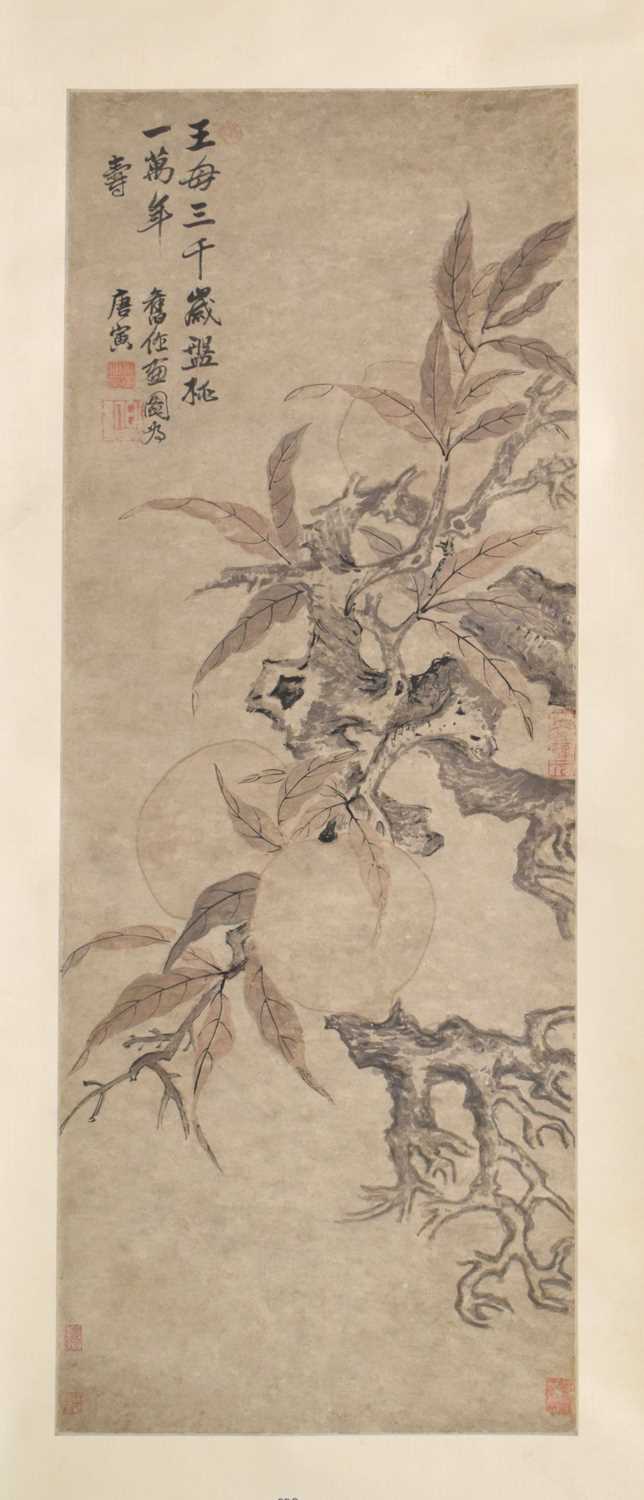 Lot 249 - Chinese watercolour scroll painting depicting foliage and fruit