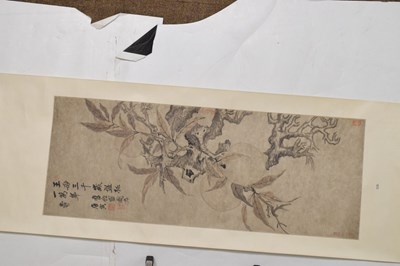 Lot 249 - Chinese watercolour scroll painting depicting foliage and fruit