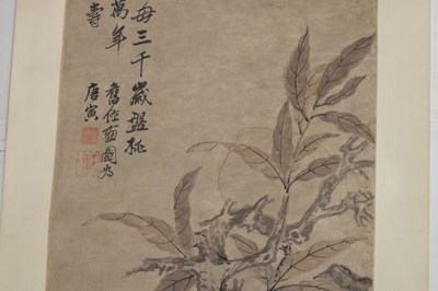 Lot 249 - Chinese watercolour scroll painting depicting foliage and fruit