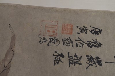 Lot 249 - Chinese watercolour scroll painting depicting foliage and fruit