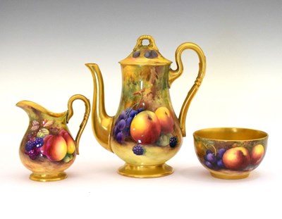 Lot 339 - George V Royal Worcester porcelain fruit-painted coffee pot, cream jug and sugar basin