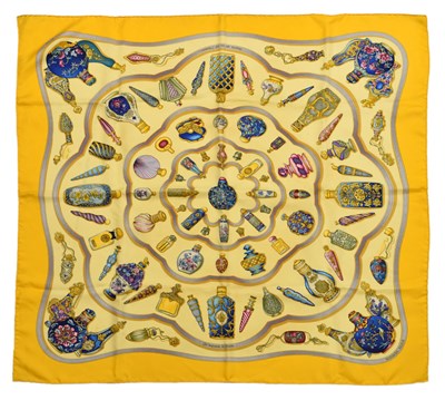 Lot 142 - Hermès, Paris - Boxed yellow ground 'Perfume Bottle' pattern scarf