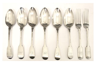 Lot 127 - Matched set of six silver Fiddle pattern dessert spoons, and a pair of Victorian dessert forks