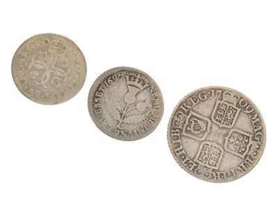 Lot 337 - Three silver milled coins, Charles II, William III, and Queen Anne