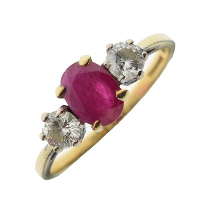 Lot 20 - 18ct gold, ruby and diamond three-stone ring