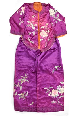 Lot 535 - Lady's Chinese embroidered purple silk jacket and trousers, circa 1900
