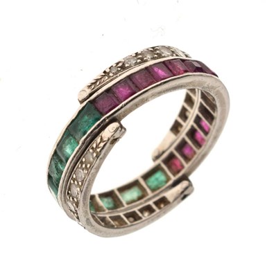 Lot 14 - Art Deco 'day and night' emerald, ruby and diamond white metal ring