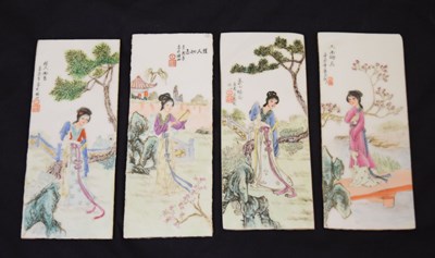 Lot 531 - Four early 20th century Canton Famille Rose porcelain tiles
