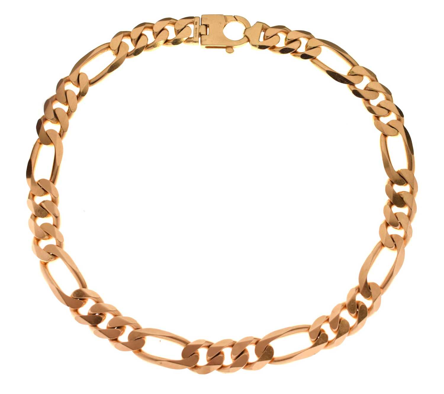 Lot 32 - Heavy gauge filed curb link yellow metal chain, stamped '14K Italy'
