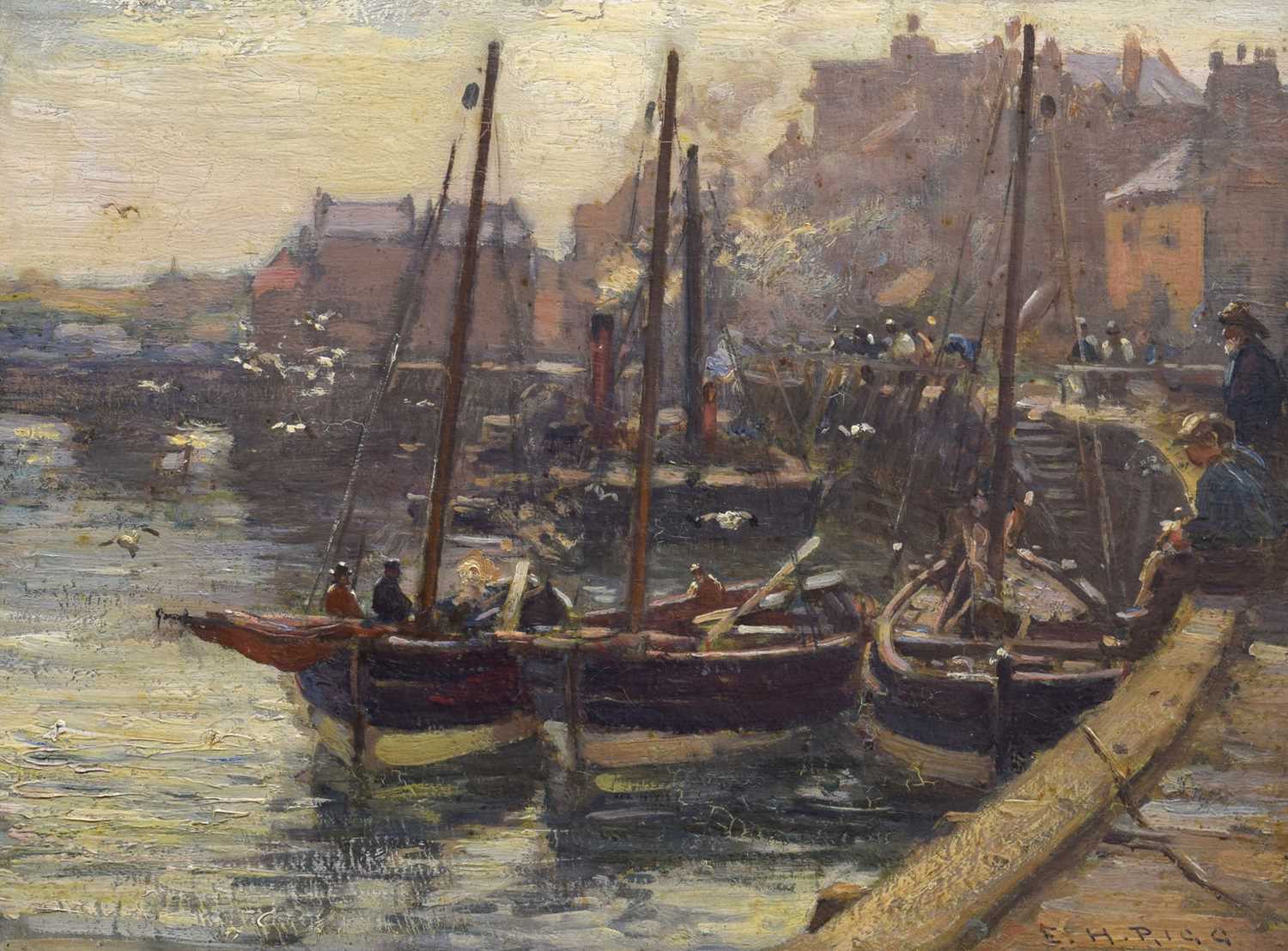 Lot 300 - Ernest Higgins Rigg (Staithes Group, 1868-1947) - Oil on board - Harbour scene
