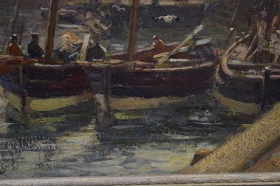 Lot 300 - Ernest Higgins Rigg (Staithes Group, 1868-1947) - Oil on board - Harbour scene