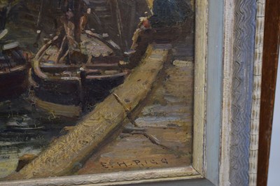 Lot 300 - Ernest Higgins Rigg (Staithes Group, 1868-1947) - Oil on board - Harbour scene